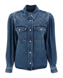 'thaisse' Denim Shirt With Puff Sleeves