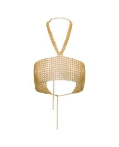 Gold-tone Crop Top With Halterneck In Metal Mesh Woman