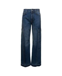 STELLA MCCARTNEY Blue Flare Cargo Jeans With Logo Patch In Cotton Denim Woman