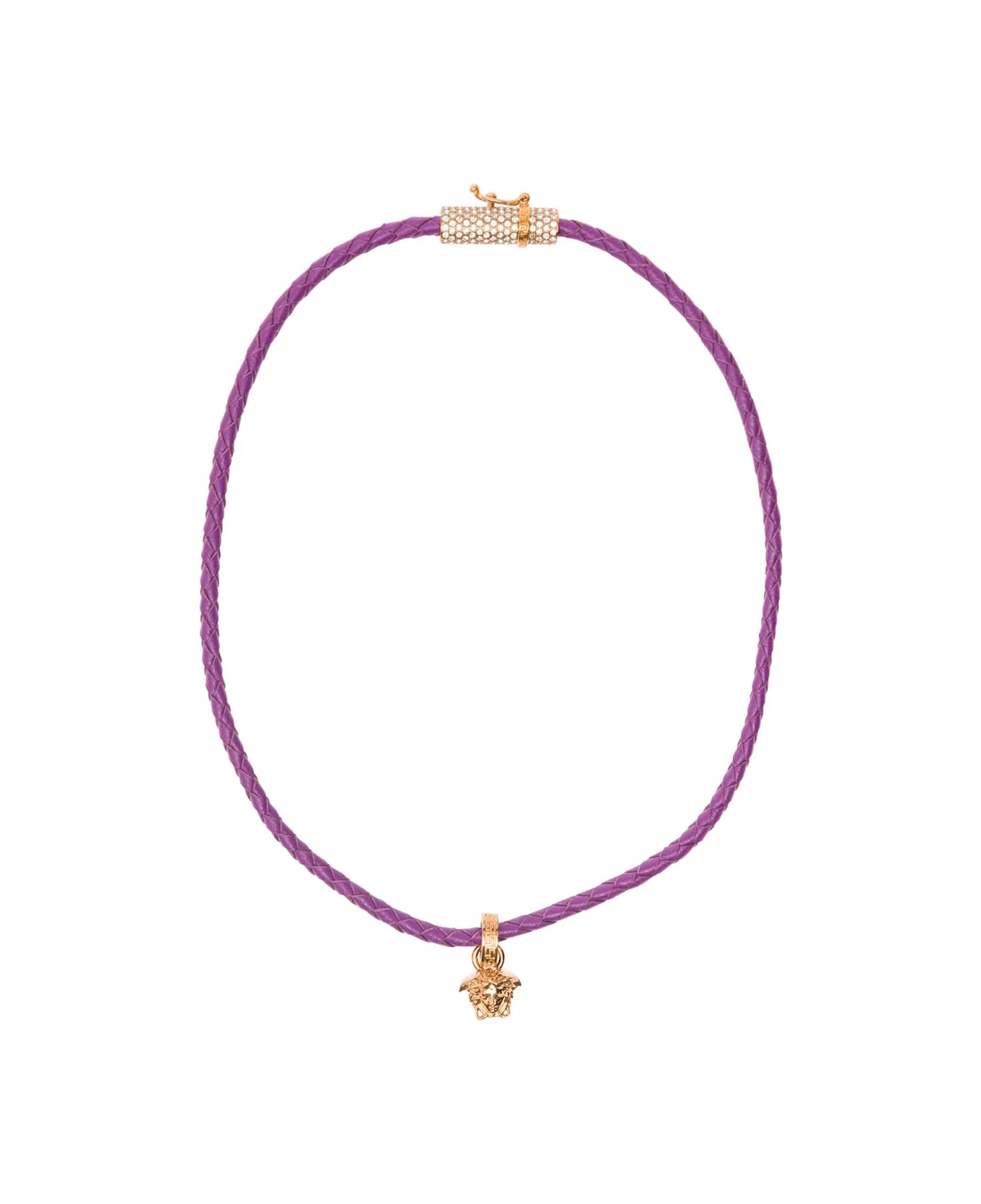 Versace Gold-tone Medusa Pendant Necklace In Violet Leather Woman 1 Versace Gold-tone Medusa Pendant Necklace In Violet Leather Woman