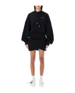 Off-White Logo Printed Drawstring Mini Sweatshirt Dress
