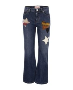 Marni Denim Flare Trousers With Knitted Appliqués