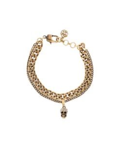 Alexander McQueen Woman's Pave Double Chain Metal Bracelet With Skull Detail