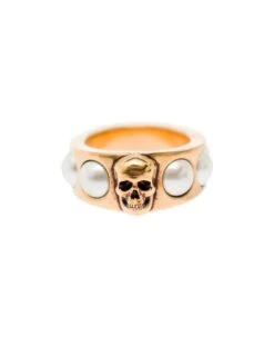 Alexander McQueen Antique Gold-tone Ring With Skull And Pearl Embellishment In Brass