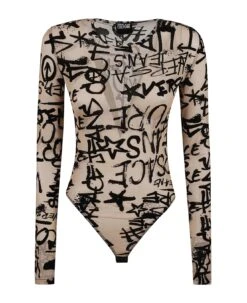 Versace Jeans Couture Tulle Print Flock Graffiti Bodysuit