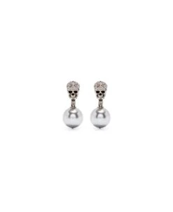 Alexander McQueen Pearl Skull Earrings In Antiqued Silver