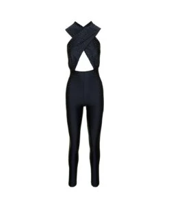 'hola Crystal' Black Jumpsuit With Halterneck And Rhinestone In Stretch Polyamide Woman