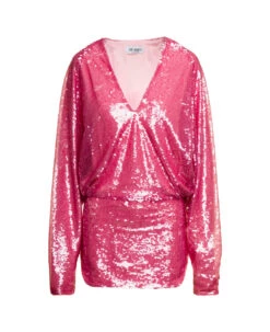 'gael' Mini Pink Dress With Long Sleeves And All-over Paillettes Embroidery In Fabric Woman