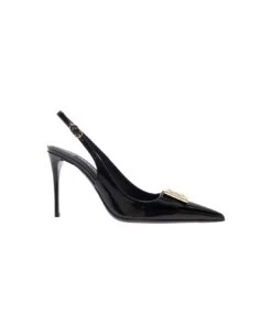 Dolce & Gabbana Black Slingback Pumps With Metal Dg Patch In Shiny Leather Woman