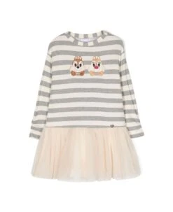 Beige Dress In Jersey And Tulle With Chip And Dale Monnalisa Girl