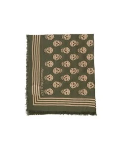 Alexander McQueen Beige And Green Scarf With Skull And Logo Print In Modal Man