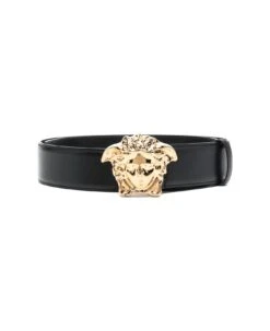 Black Leather Belt With Logo Buckle Versace Man