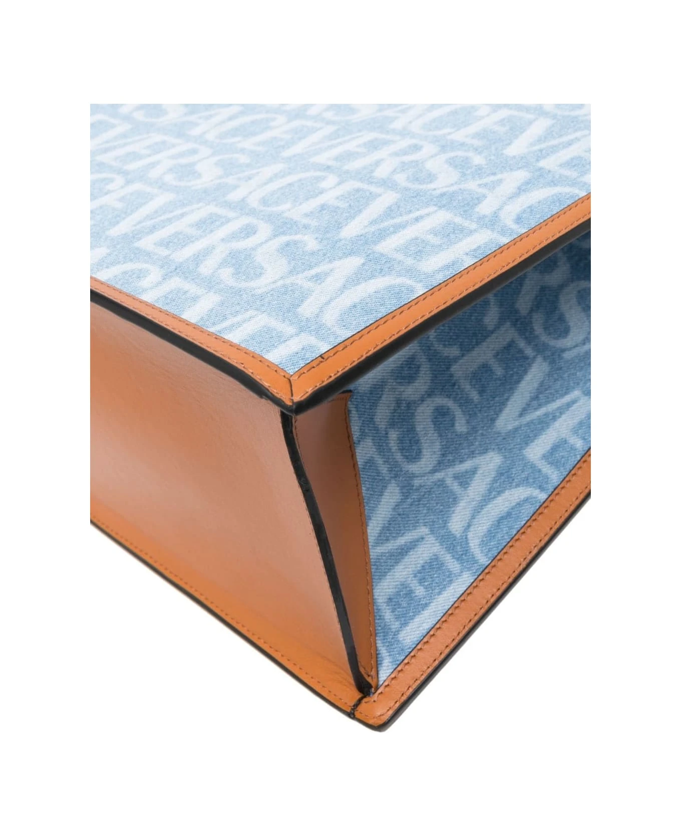 Versace Tote Bag With All-over Logo Print In Light Blue Canvas Man 4 Versace Tote Bag With All-over Logo Print In Light Blue Canvas Man - Image 4