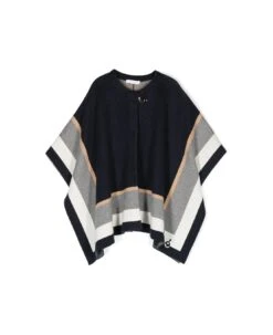 Chloé Blue Cape With Front Fastening With Striped Trim In Cotton And Wool Girl