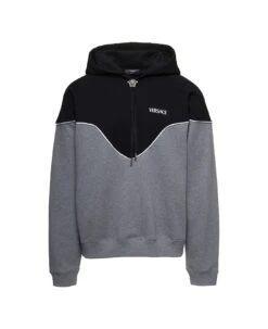 Versace Black And Grey Hoodie With Medusa Drawstring In Cotton Man