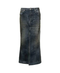 Balenciaga Dark Blue Maxi Skirt With Crinkled Effect With Logo Patch In Cotton Denim Woman