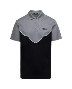 Versace Bicolor Polo With Embroidered Logo In Black And Grey Cotton Man