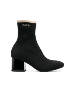 Marni Black Ankle Boot In Leather With Medium And Wide Heel Ecru-colored Details