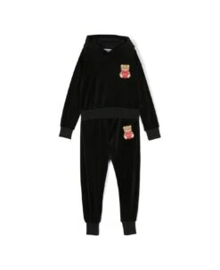 MOSCHINO Black Hooded Tracksuit With Teddy Bear Patch In Cotton Blend Velvet Girl