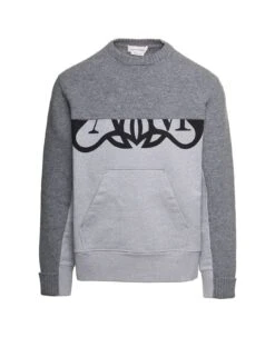 Alexander McQueen Grey Crewneck Sweatshirt With Logo Print At The Front In Wool Man