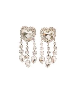 Silver-colored Heart-shaped Clip-on Earrings With Crystal Pendants In Hypoallergenic Brass Woman