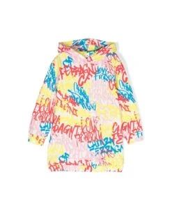 Chiara Ferragni Multicolour Long-sleeved Dress With Hood And 'graffiti' Print In Cotton Girl