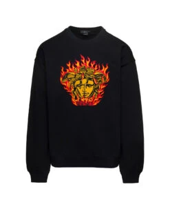 Versace Black Crewneck Sweatshirt With Medusa Print In Cotton Man