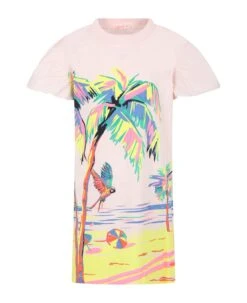 Billieblush Pink Dress For Girl With Palm Trees Print