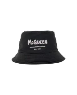 Alexander McQueen Black Bucket Hat With Tonal Graffiti Logo In Polyester