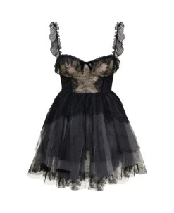 Philosophy Di Lorenzo Serafini Mini Black Flounced Dress With Bow Detail In Lace And Tulle Woman