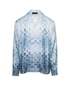 Amiri Light Blue Shirt With Cuban Collar And Graphic Print In Silk Man