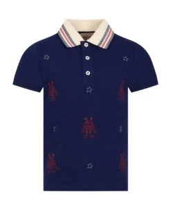 Gucci Blue Polo Shirt For Boy With Gg Cross And Stars