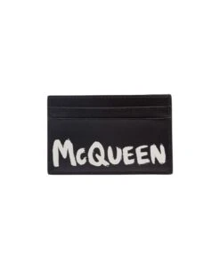 Alexander McQueen Black Card-holder With Graffiti Logo Print In Smooth Leather Man