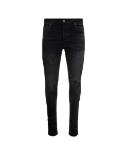 Amiri Black Skinny Jeans With Crystal Embellished Logo And Used Effect In Stretch Cotton Denim Man
