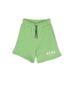 MSGM Shorts Verde Con Logo Bianco