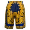 Versace Blue And Gold Shorts With All-over Barrocco Print In Silk Man