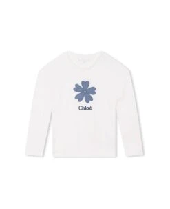 Chloé White T-shirt With Denim Flower And Logo
