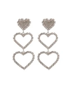 Silver-tone Pendant Earrings Hearts Design With Crystal Embellishment In Brass
