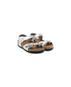 Birkenstock 'rio' Silver-colored Flat Sandals With Double Strap In Metallic Faux Leather Girl