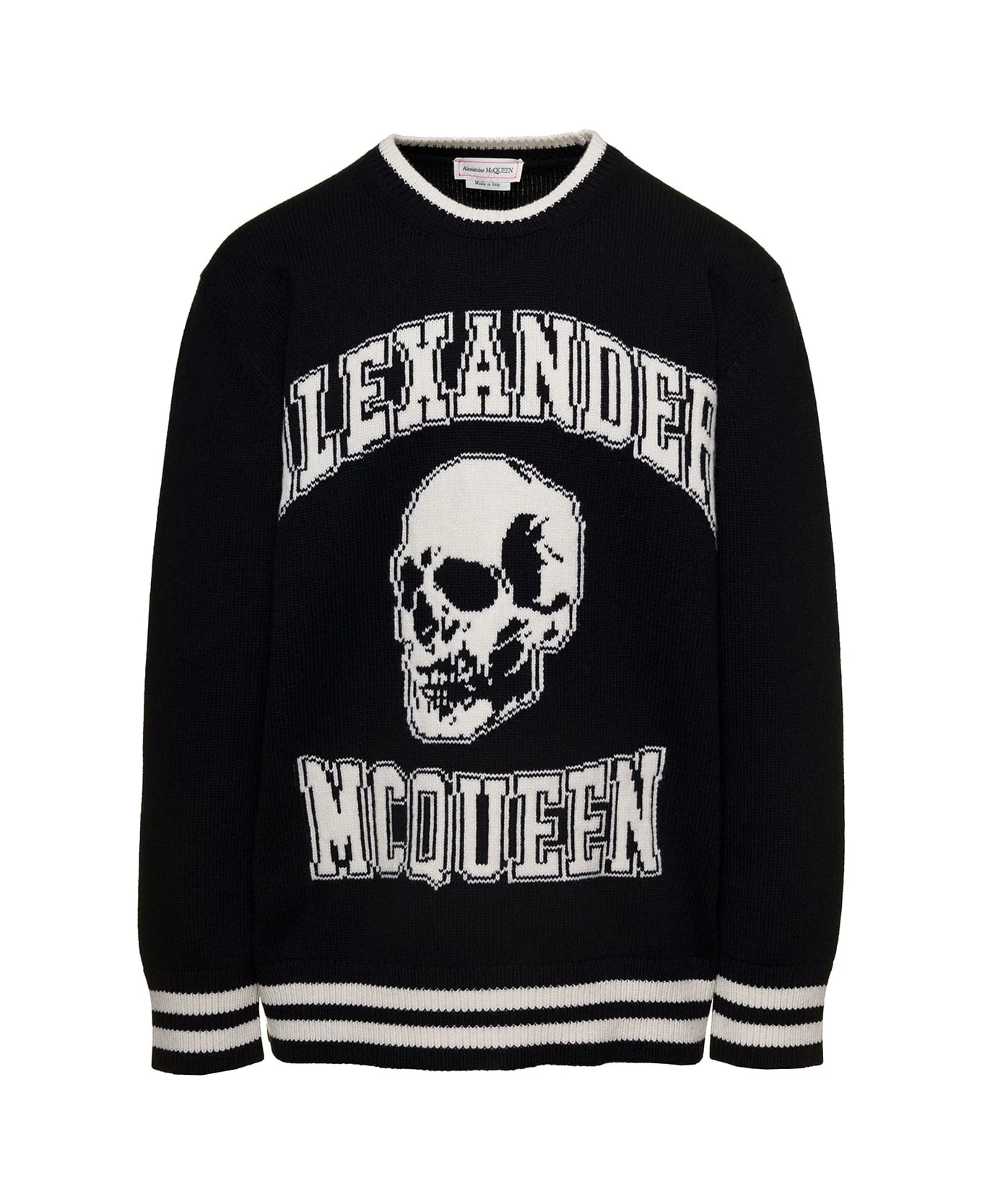 Alexander McQueen Black And White Crewneck Sweater With Skull Motif In Wool And Cashmere Man 1 Alexander McQueen Black And White Crewneck Sweater With Skull Motif In Wool And Cashmere Man