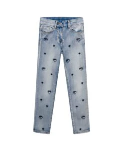 Chiara Ferragni Light Blue Five Pockets Jeans With All-over Logo Patch In Stretch Cotton Denim Girl