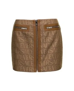 Versace Brown Mini -skirt With All-over Logo Lettering Print In Canvas Woman