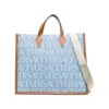 Versace Tote Bag With All-over Logo Print In Light Blue Canvas Man