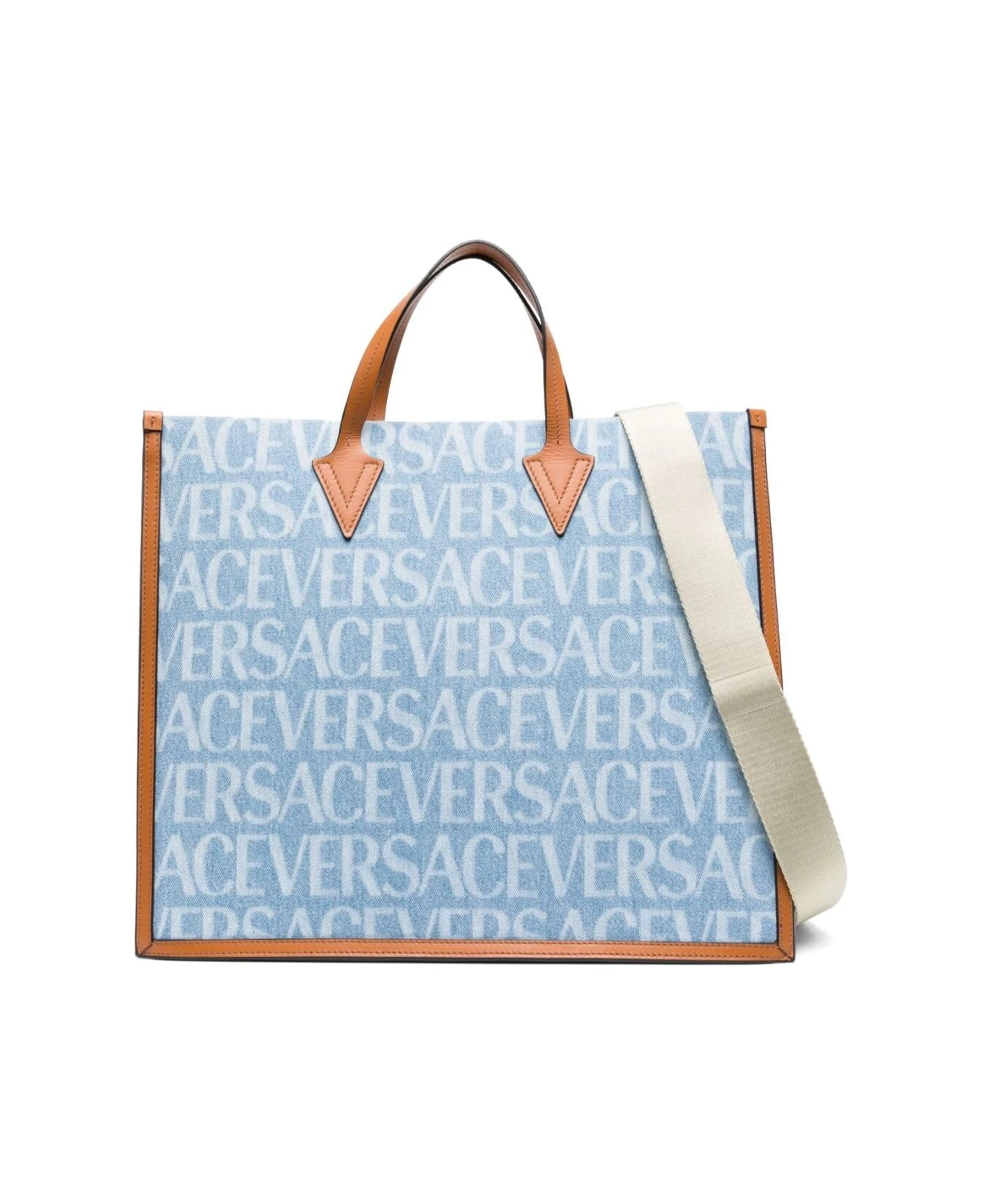 Versace Tote Bag With All-over Logo Print In Light Blue Canvas Man 1 Versace Tote Bag With All-over Logo Print In Light Blue Canvas Man