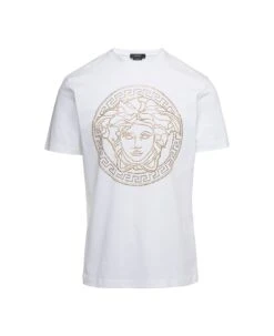 Versace White Crewneck T-shirt With Studded Medusa In Cotton Man