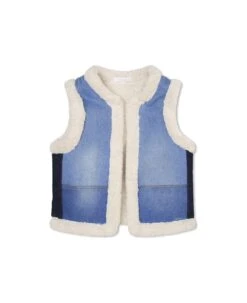 Chloé Faux Shearling And Denim Patchwork Gilet