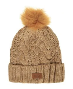 Ugg W Knit Cable Hat W F Fur Pom Camel