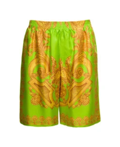 Versace Green And Gold Shorts With All-over Barrocco Print In Silk Man