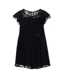 Monnalisa Black Crewneck Playsuit With Logo Patch In Lace Girl