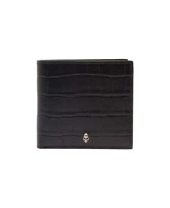Alexander McQueen Black Bi-fold Wallet With Mini Skull Patch In Croco Embossed Leather Man
